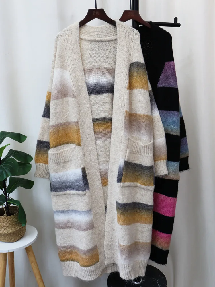 New Autumn Winter Sweaters Rainbow Tie-dye Mid-length Oversized Cardigan Women Knitwear Jacket Long Sleeved Coat Tops