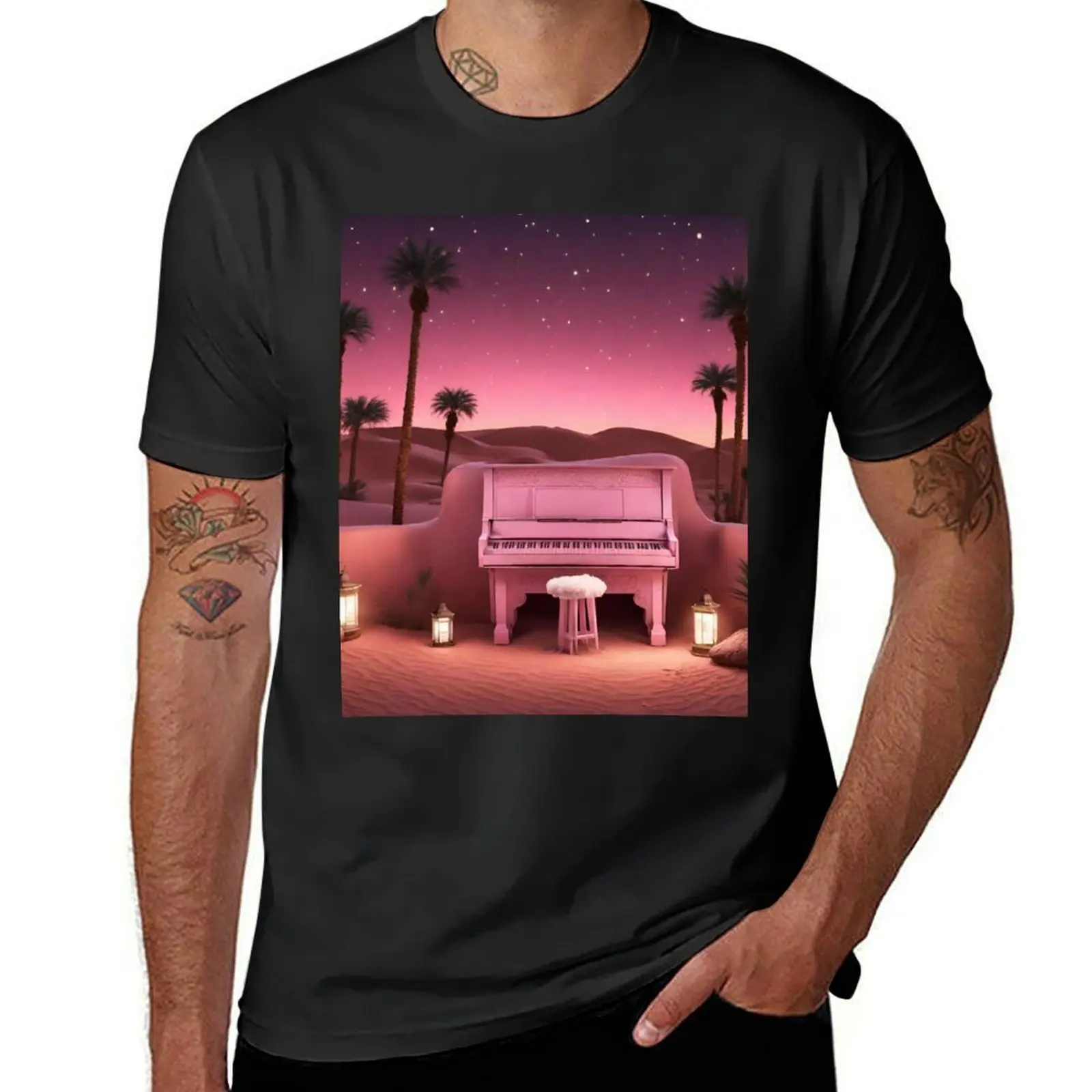 

Piano in the Egyptian desert with Pyramids, jungles, lanterns, ancient Rome T-Shirt sweat Short sleeve tee mens plain t shirts