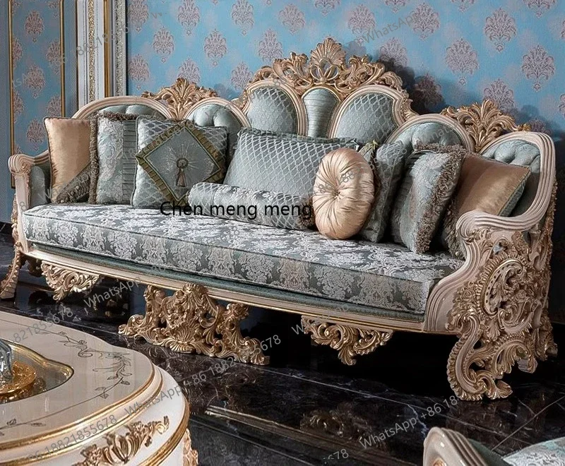 European style full solid wood carved living room French high-end large sofa coffee table combination