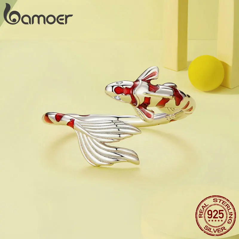 Bamoer 100% 925 Sterling Silver Red Koi anello di apertura Lucky Fish anello regolabile 5-9 per le donne regalo di compleanno gioielleria raffinata