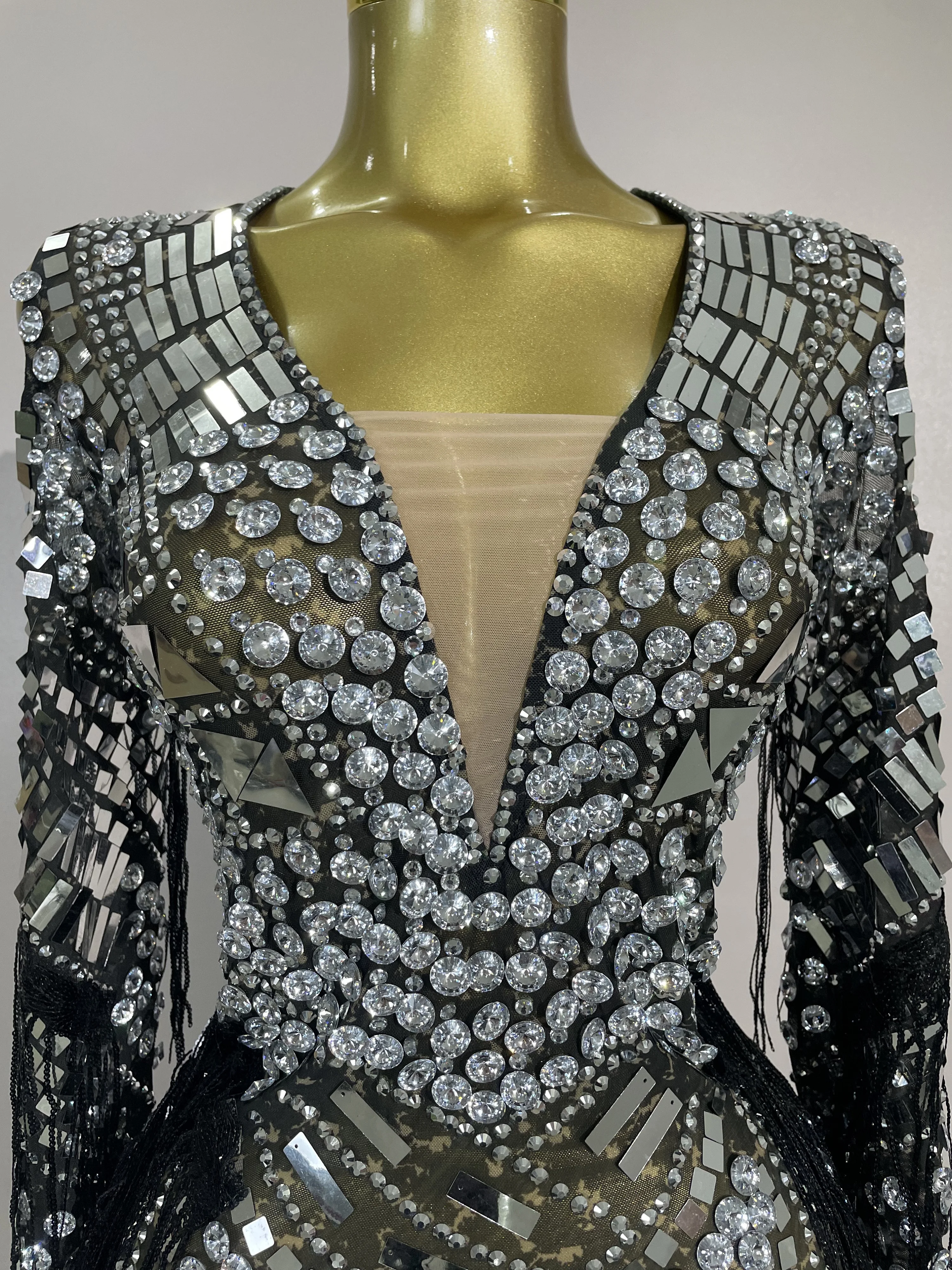 Sparkly Diamonds Sequin Tassels Long Sleeves Sheer Mini Dress Evening Party Luxury Birthday Sexy Mesh Nightclub Photo Shoot Wear