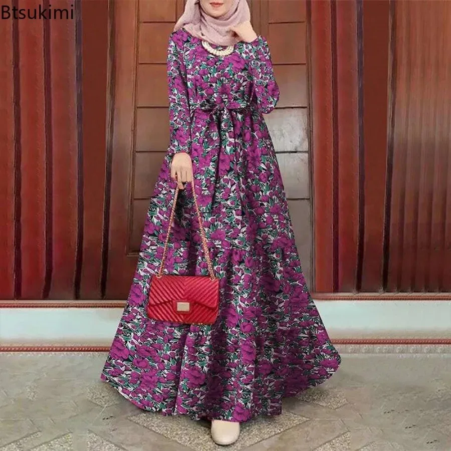 Fashion Vintage Floral Print Sundress Women Muslim Maxi Dress Eid Dubai Abaya Turkey Kaftan Robe Females Party Evening Dresses