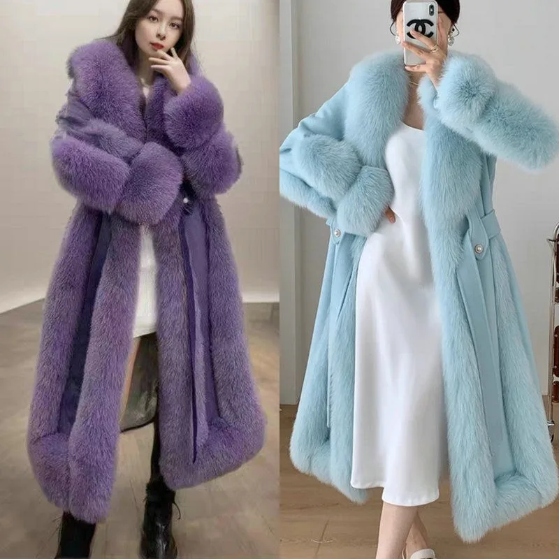 Imitation Fox Fur Collar Wool Over The Knee Long Quilted Suit, The Internet Sensation of Imitation Socialite Big Fur Collar