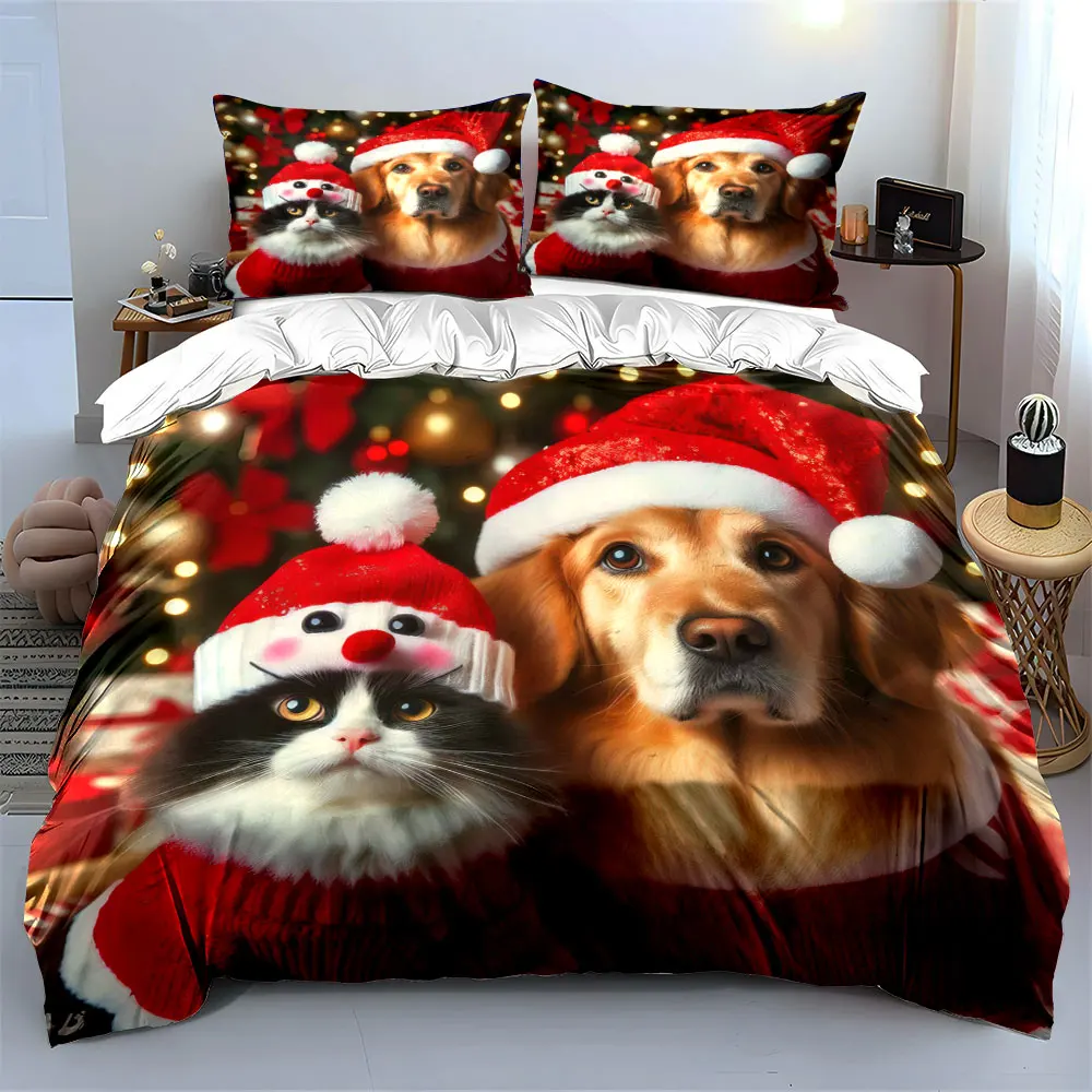 Cute dog and cat in festive Christmas attire Print Duvet Cover Bedding Set Included 1*Duvet Cover 2*Pillowcases