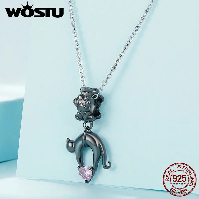 WOSTU 925 Sterling Silver Black Cat Pendant Hug Pink Zircon Heart Bead Fit Original Bracelet Bangle Cute Jewelry Gift for Women