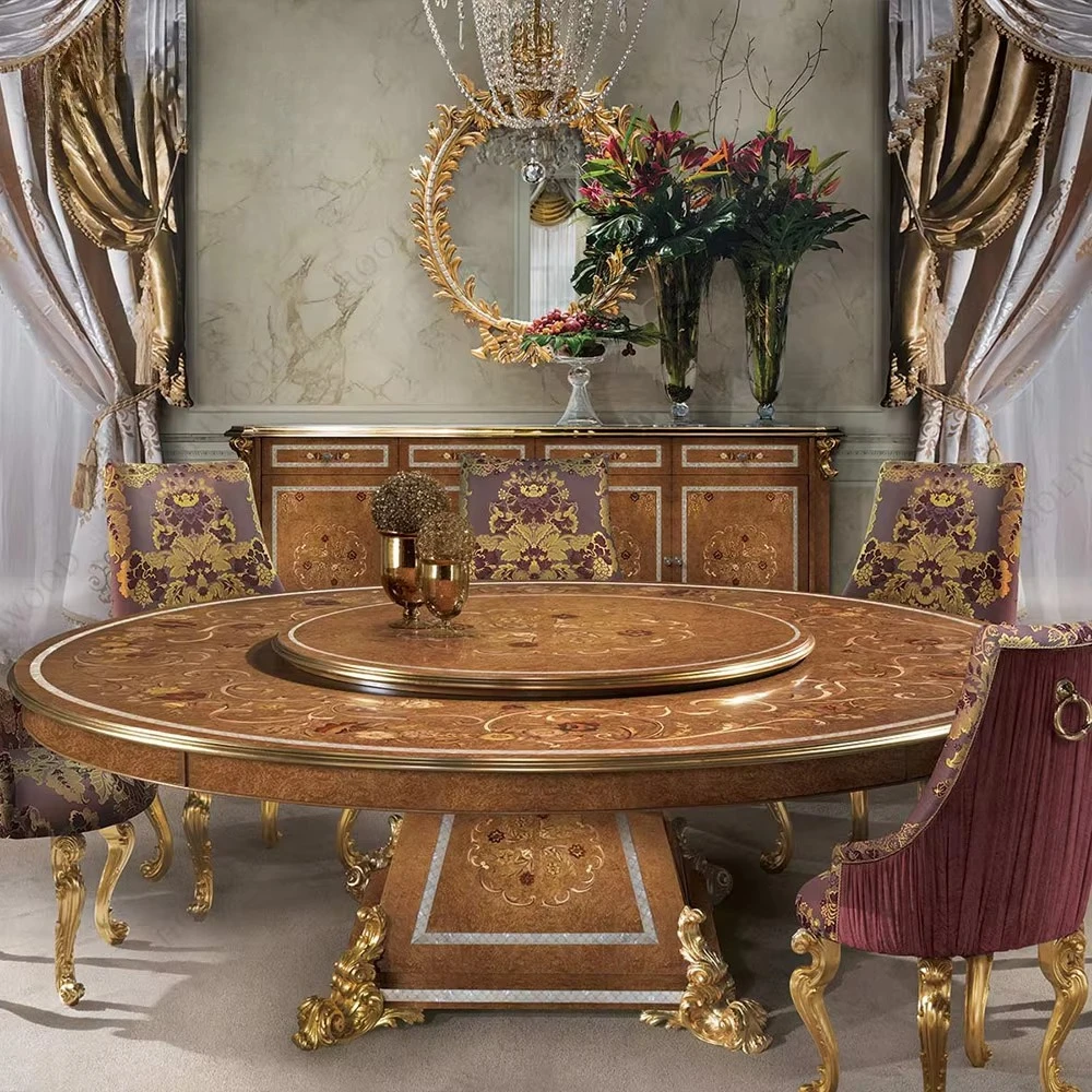 *High End European French Vintage Lacquered Dining Table Set Brown Wooden Dinning Round Tables