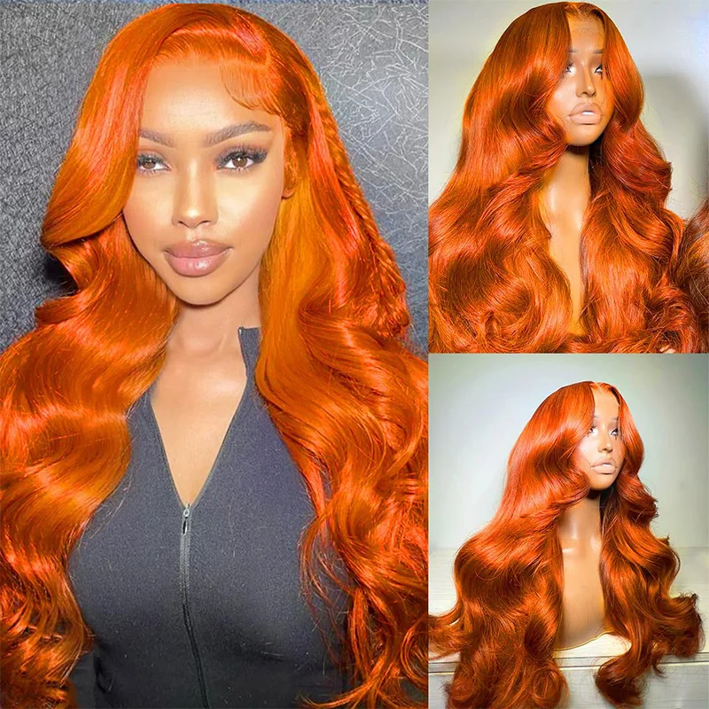 13x6 Ginger Orange 200 Density Body Wave Frontal Glueless Wigs Brazilian Virgin Hair Transparent Lace Preplucked Human Hair wigs