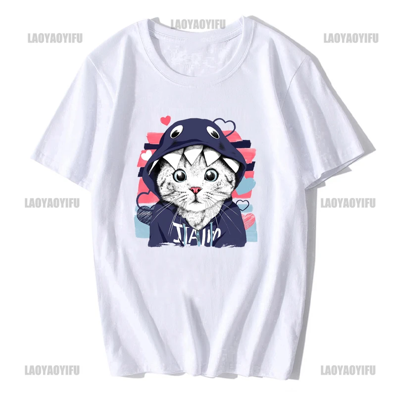 Funny Cats Printing Shirt Harajuku Casual Street Fashion Short Sleeve Clothing Streetwear Men's T-Shirt  Hip Hop Cotton Women image 2