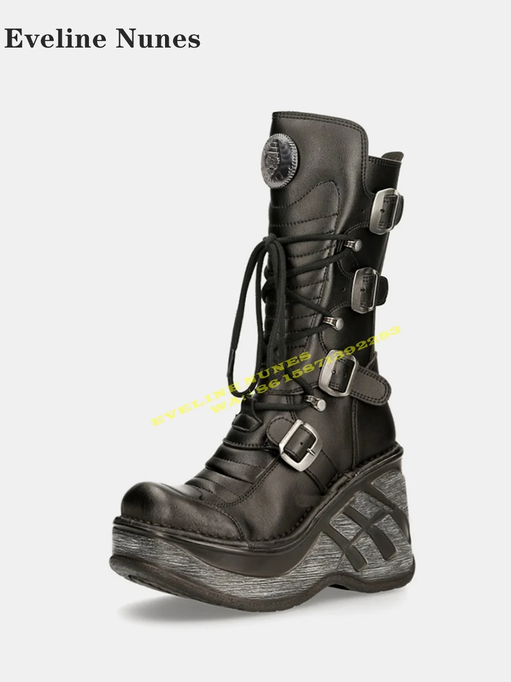 Cyberpunk Wedges Heavy Metal Motorcycle Boots 2024 Round Toe Height Increasing Lace Up Side Zip Couple Plus Size Mid Calf Boots