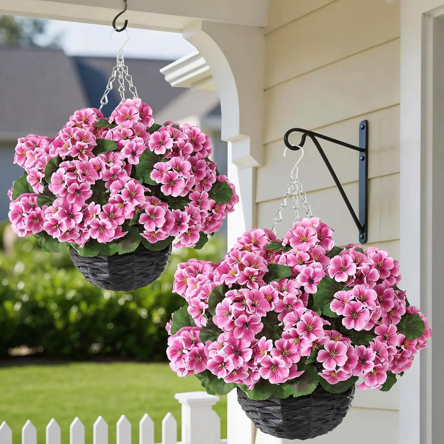 

2 комплекта розовых искусственных гераний с подвесными корзинами, солнцестойкие шелковые цветы для декора веранды, сада, патио на открытом воздухе