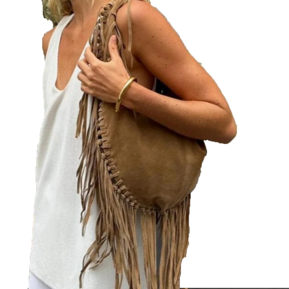 Nowe długie damskie torby na ramię z frędzlami Luksusowa torba ze sztucznego zamszu Designerskie torebki Half Moon Hobos Frosted Shopper Purses Female — zdjęcie 7