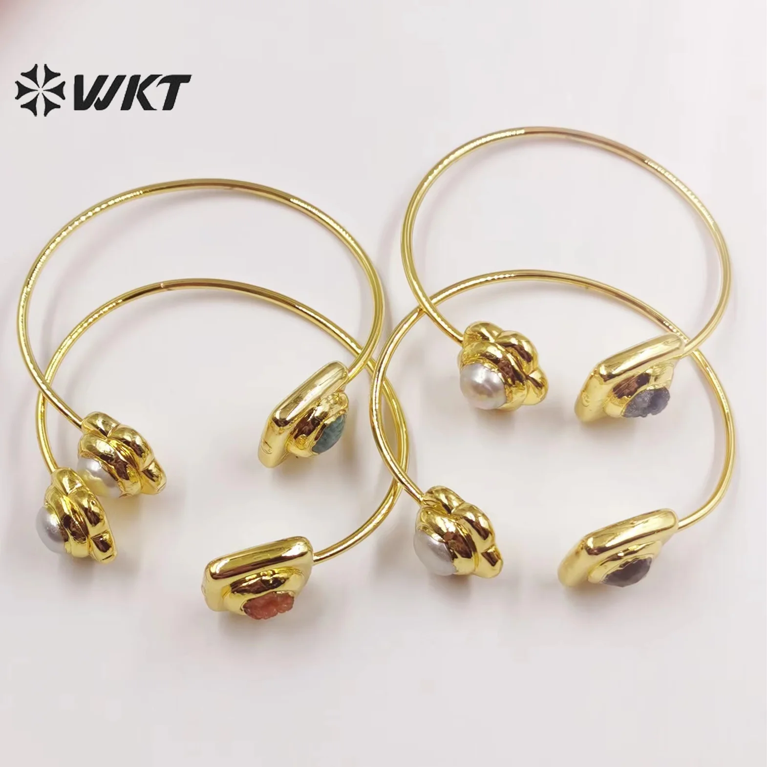 WT-MPB053 WKT 2022 Fashion Style Natural Stone Pearl&Druzy Quartzs Gold-Plate Adjustable Bangle Wedding Party For Women Bangle