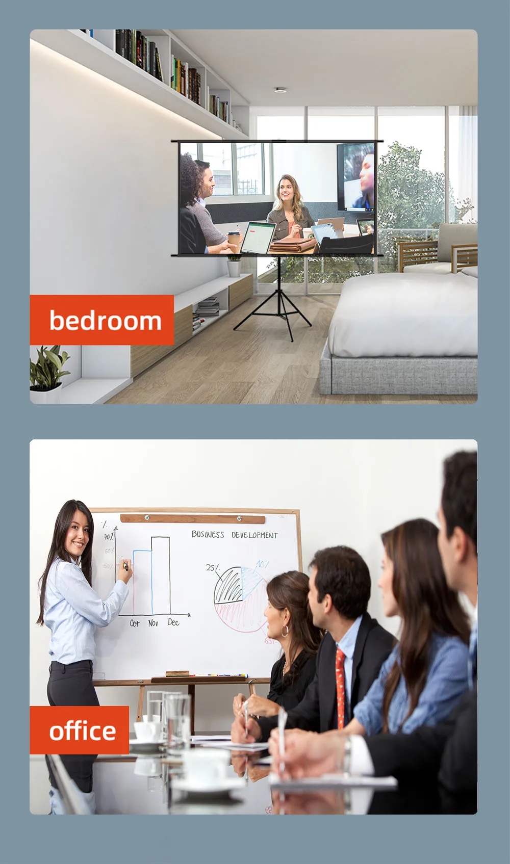 Tela portátil com suporte triangular único de 60 polegadas. Tela de projeção de escritório doméstico. Suporta projeção de alta definição.