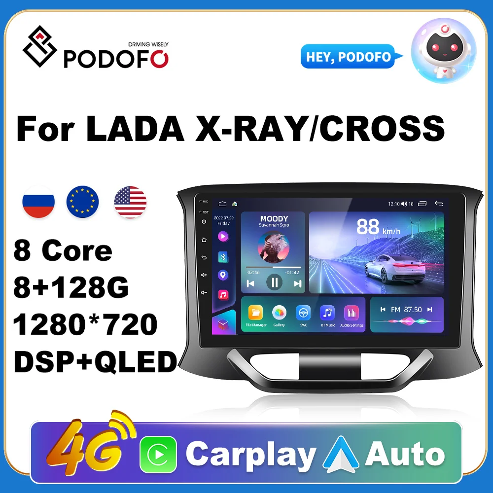 Podofo Android 11 Car Radio for LADA X Ray Xray Cross Multimedia Player 2 Din Navigation GPS Carplay Autoradio Stereo DVD