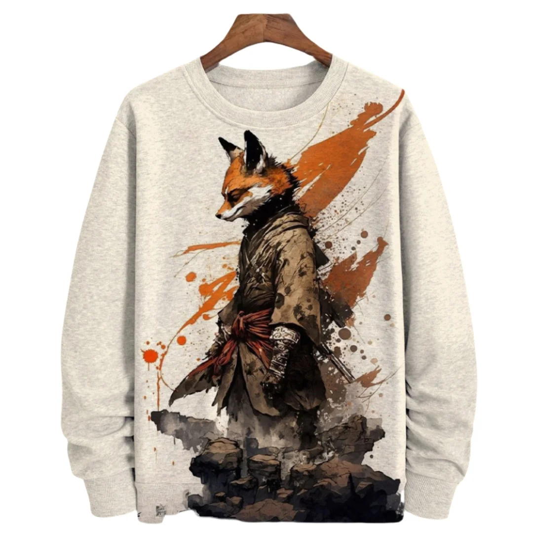 Animal Fox Printed Hoody Men Oversized Sweatshirts Hip Hop Round Neck Streetwear Clothing Loose Fleece Men\'s Hoodies Pullover