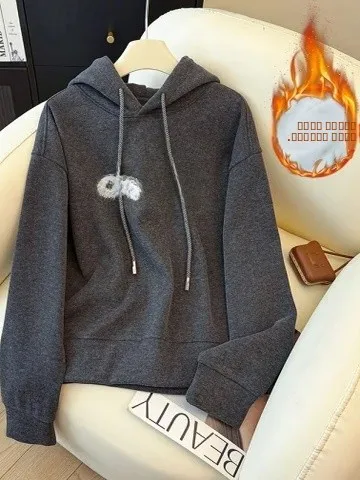 

Ретро-американский утепленный флисовый худи с вышивкой, свободный крой, для пар, модный осенне-зимний топ