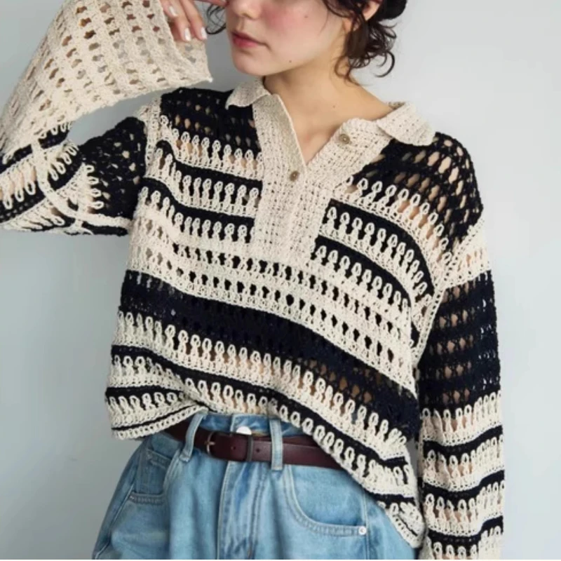 

Striped Collared Pointelle Sweater Top for Women Long Sleeve Hollow-out Openwork Knit Shirt Pullovers Ladies Classic Chic Outfit