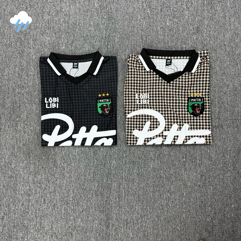 Summer Top Quality Loose Yellow Houndstooth V-Neck Soccer Suit Football Jersey Badge Patch Patta T Shirt Men Women T-Shirt Tag