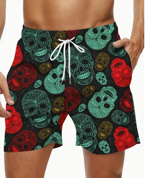 Men\'s Ethnic Style Skull Pattern Board Shorts With Drawstring Chic And Trendy Shorts For Summer Beach Holiday Leisurewear Shorts