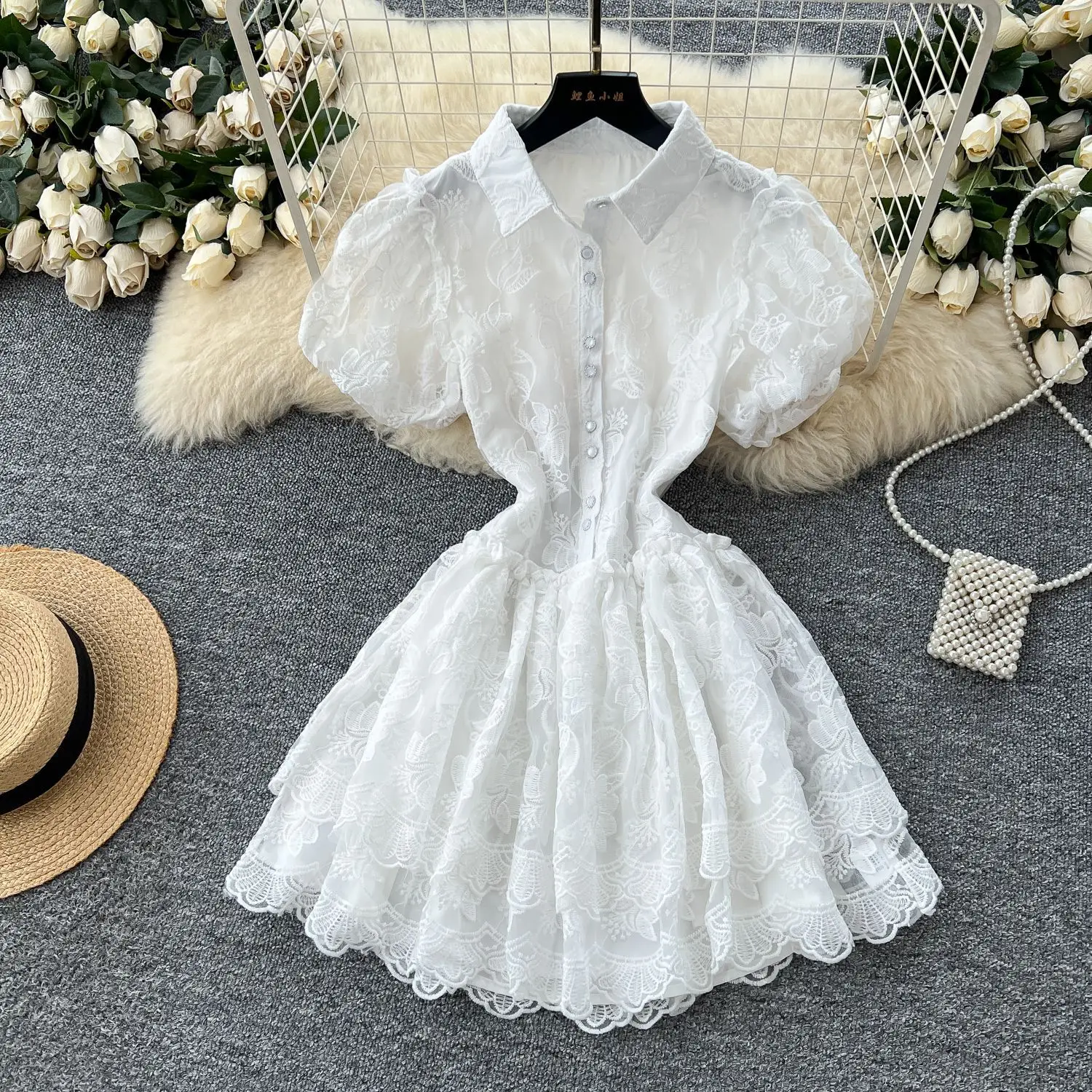 

White Mini Dress Women Dresses A Line Vestidos Polo Neck Puff Sleeve Elegant Splice Y2k Streetwear Work High Waist 2025 Wedding