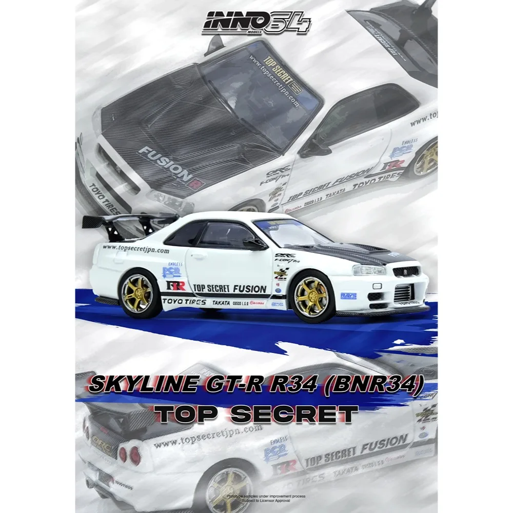 Przedsprzedaż INNO 1/64 Model Samochodu z Odlewu TOP SECRET R34 GT-R Biały Wersja Limitowana High Performance Prezent dla Chłopców i Dorosłych