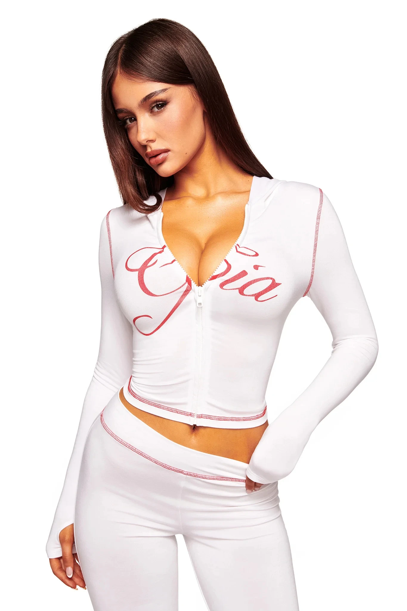 Gia white regular shoulder slim-fit letter print topstitching design slim-fit hooded zip-up short jacket and pants set