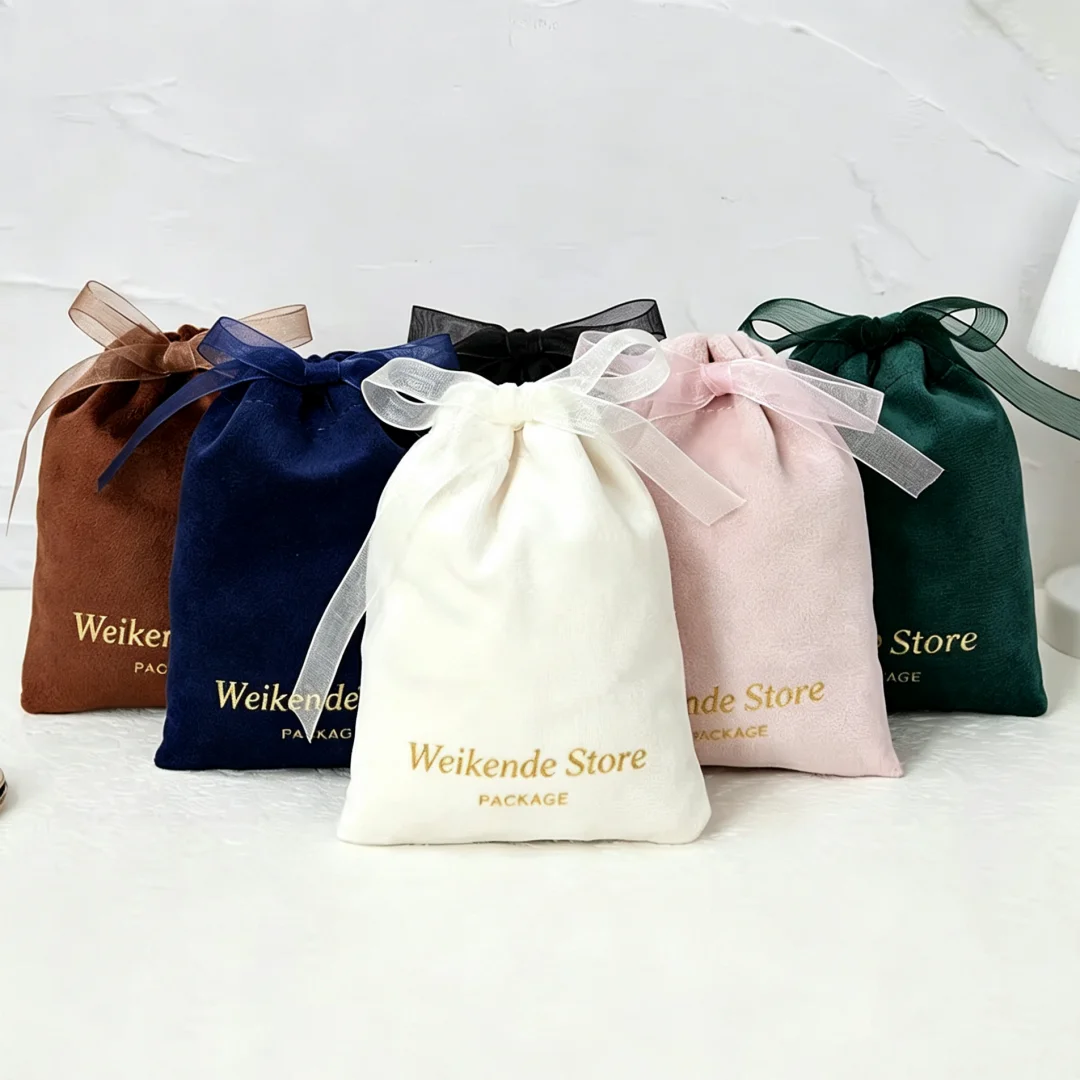 100Pcs Custom Logo Soft Velvet Organza Drawstring Storage Pouches  Favor Packaging Bags for Jewelry Rings Bracelets Key Chains