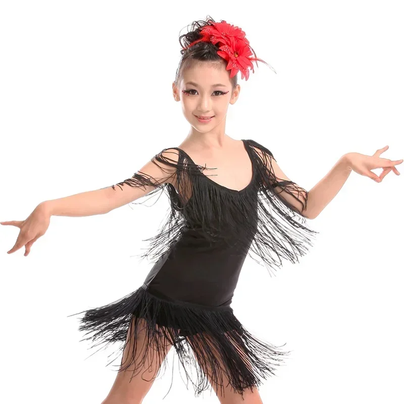 Jupes et robes de danse latine pour enfants, salle de Rh, ylène, compétition, tango, salsa, enfants, filles, frange, cha cha