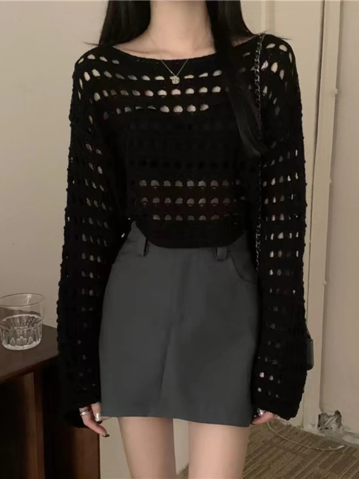 

Новый женский вязаный топ с вырезами, тонкий, для весны и осени, с защитой от солнца, сексуальный, свободного кроя, с длинными рукавами