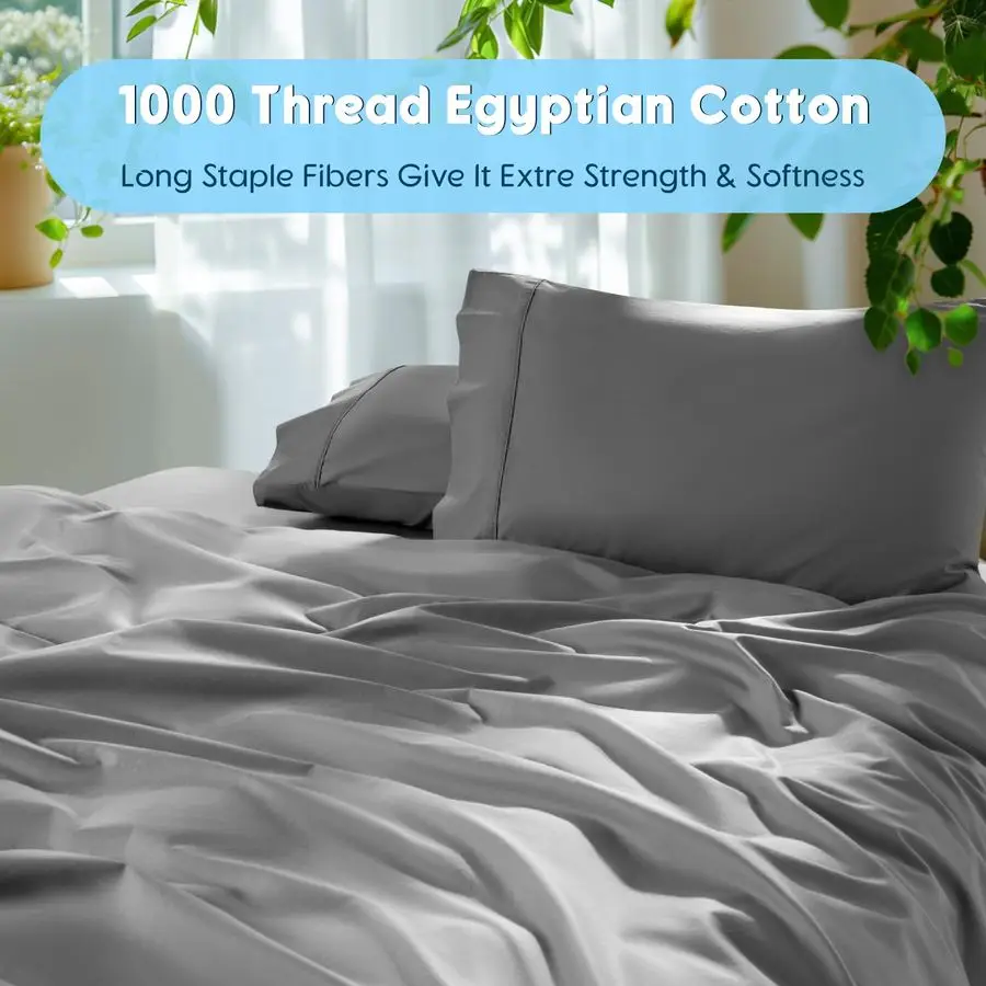 

100 Egyptian Cotton Sheets Set 1000 High Thread Count, Luxury 5Star Hotel Sateen Bed Sheets, Soft, Breathable Long Staple Sheets