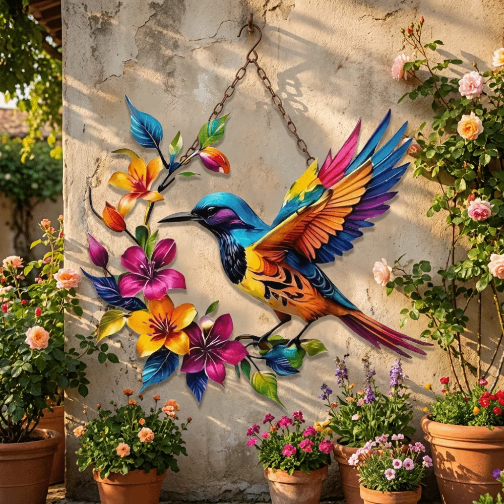 Colorful Flower Iron Art Bird Wall Hanging Hand Painted Rustproof Metal Hummingbird Art Decor Weather Resistant