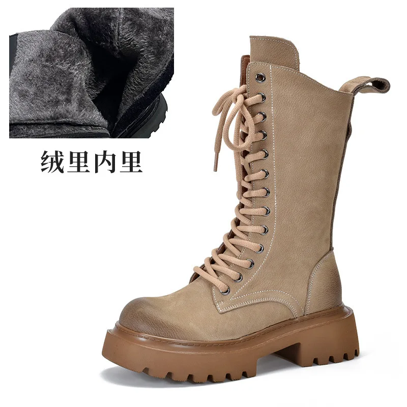 Botas Martin de plataforma meia-panturrilha para mulheres, estilo britânico, renda, tendência da moda feminina, outono, inverno, novo, 2024