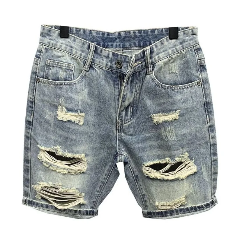 2025 Summer New Men's Casual Pants Knee Length Trendy Brand Scratched Beggar Big Hole Denim Shorts Men's Casual Short Pants