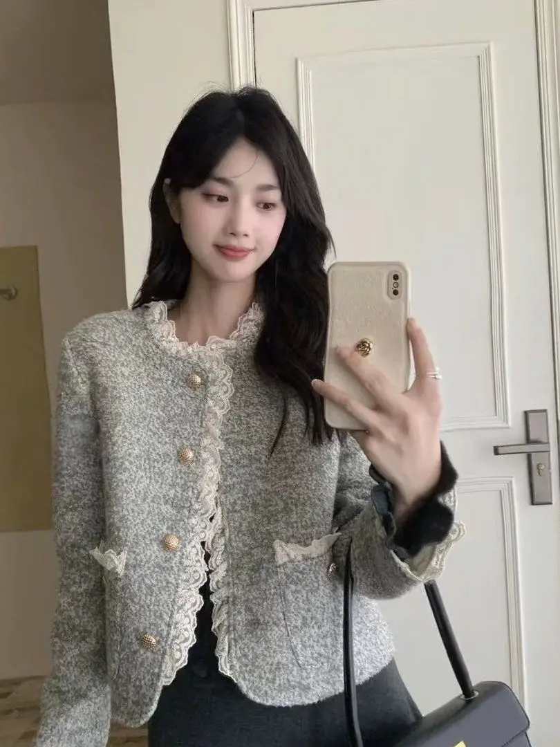 

Женская верхняя одежда с рюшами и кружевом, прямого кроя, с круглым вырезом, тонкая, весна 2025, модная, элегантная