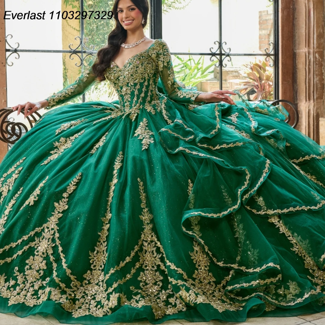 EVLAST Customized Green Quinceanera Dress Ball Gown Gold Lace Applique Beaded Detachable Sleeve Sweet 16 Vestido De 15 TQD437