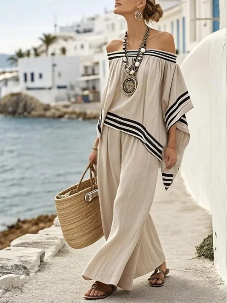 

Summer New Fashion Casual Resort Two-Piece Set Womens Off-Shoulder Crewneck Loose Striped Irregular Top With Wide-Leg Long Pants
