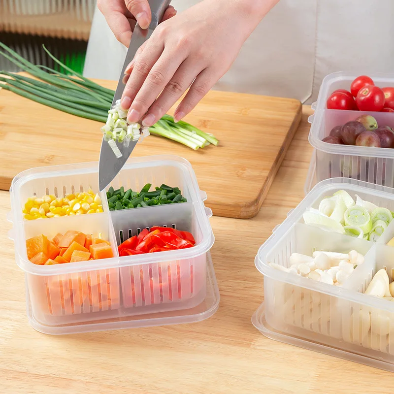 4-IN-1 Kitchen Drain Basket Storage Containers Fridge Fresh-keeping Boxes Vegetable Fruit Separation Box Kitchen Organize Tool