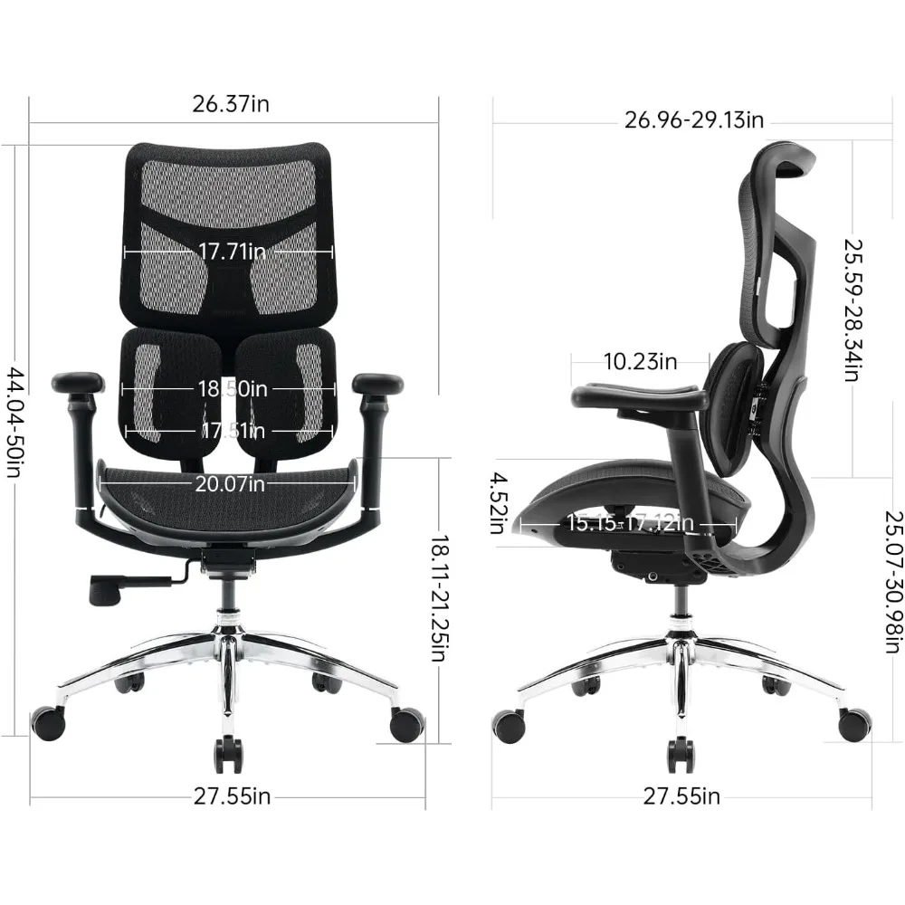 Ergonomiczne krzesło biurowe — z podwójnym dynamicznym podparciem lędźwiowym, 5-poziomowym regulowanym oparciem, podłokietnikami z współrzędnym 4D, maks. 135 stopni.