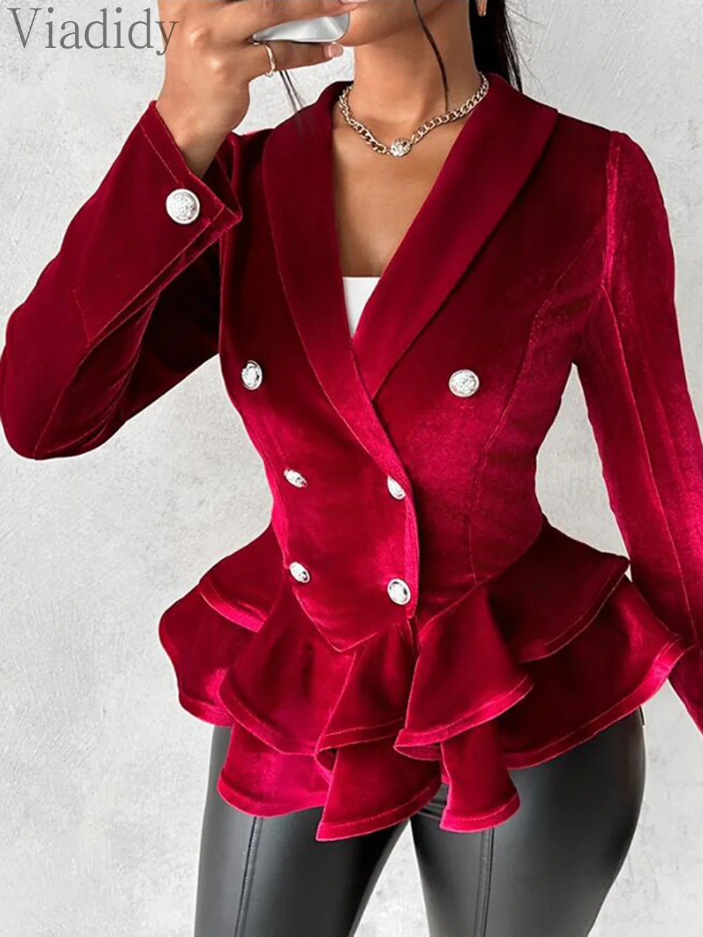 Women Casual Solid Color Double Breasted Velvet Ruffles Design Long Sleeve Blazer Coat