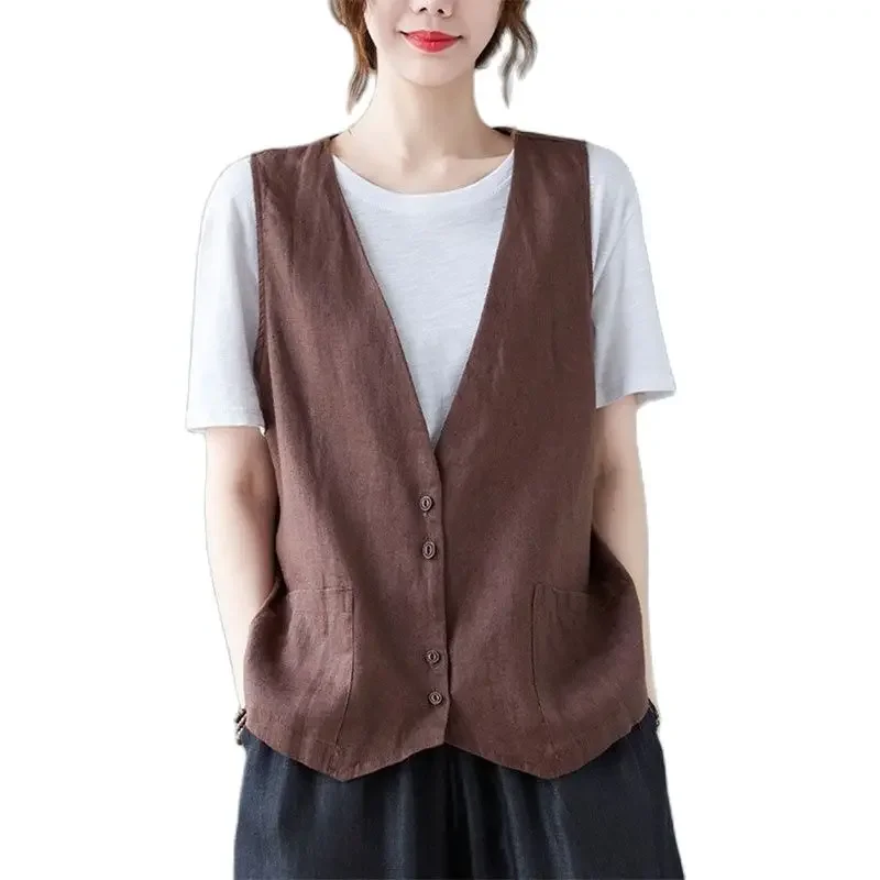 

Women's Vests 2024 New Fashion Design Spring Summer Linen Sleeveless Vest Jacket Korean Version Casual Waistcoat Female V382