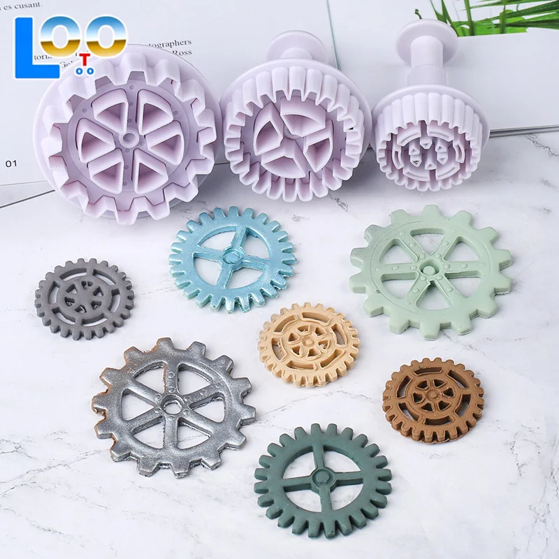 3ชิ้นพลาสติกเกียร์รูปร่างลูกสูบF OndantตัดDIYเค้กSugarcraftตกแต่งเครื่องมือคุกกี้อบแม่พิมพ์อุปกรณ์ตกแต่ง