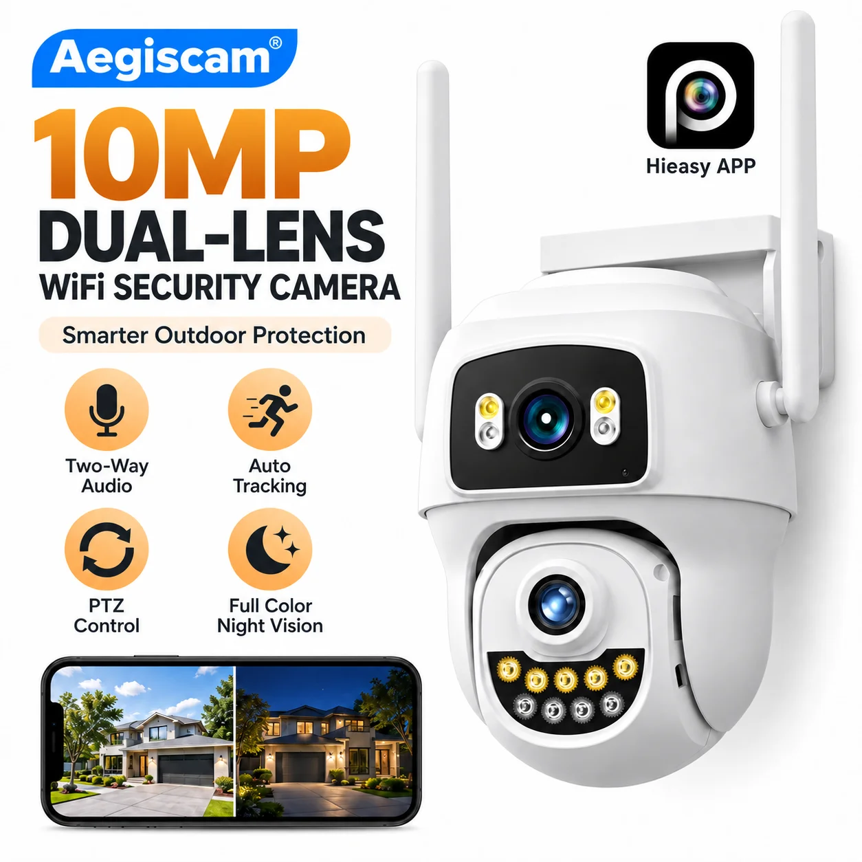 Cámara PTZ WiFi de doble lente y 10MP, visión nocturna en color, cámara de seguridad CCTV para exteriores, seguimiento automático, audio