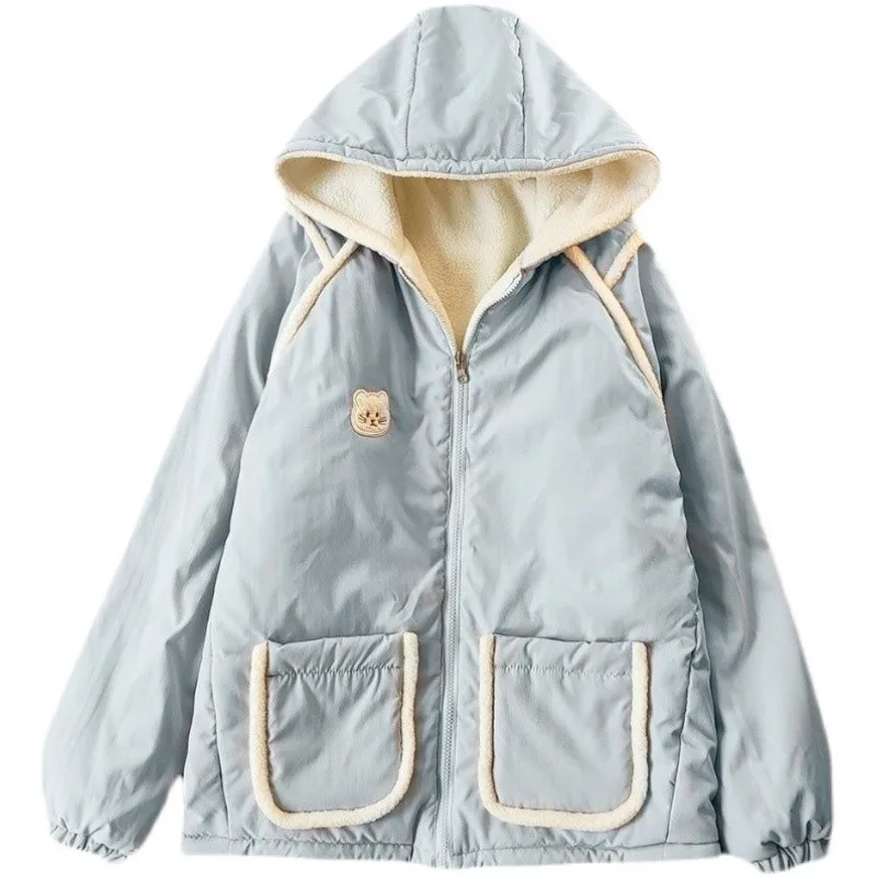 Sweet Lolita Girl Coat Warm Double-sided Jacket Japanese Kawaii Hooded Bear Ear Outwear Zipper Full Sleeve Thicken Outerwear