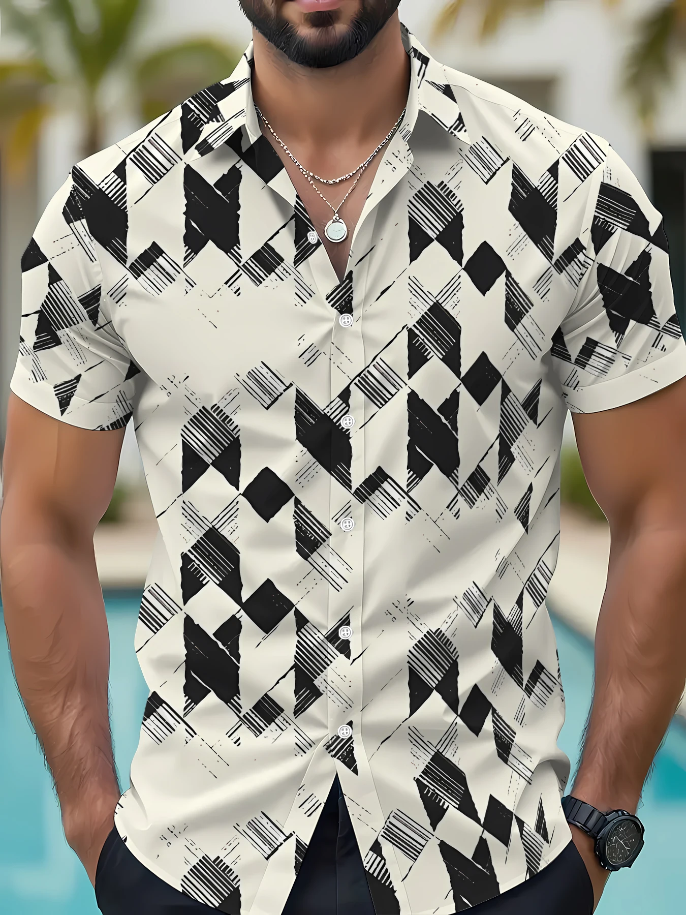 Small Niche Cool Style Square Diamond Print Summer Versatile Lightweight Lapel Top for Men's Daily Wear