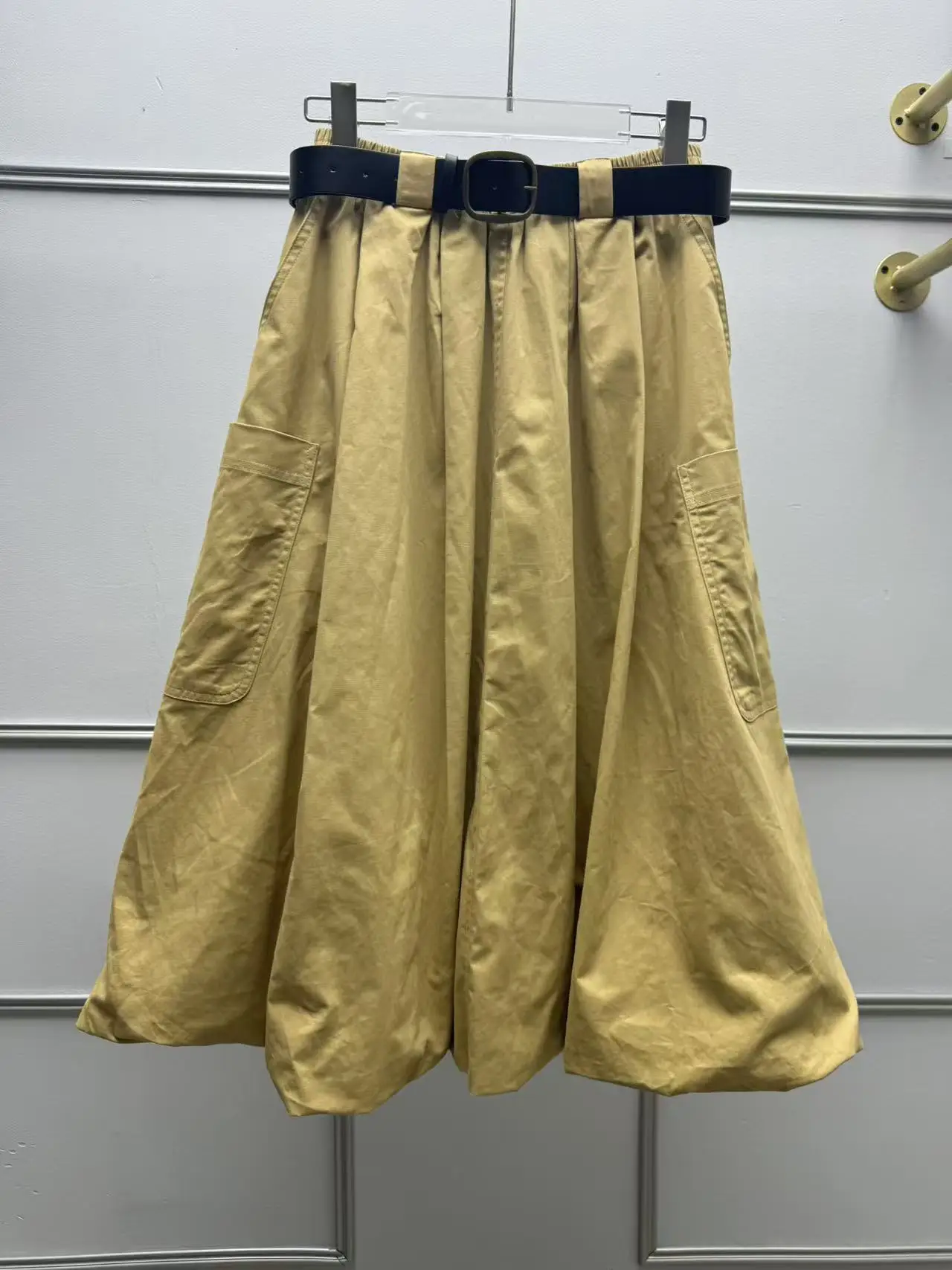 

High Waist Midi Skirt with Detachable Belt And Multiple Pockets French Style Loose Fit Cotton Daily Wear Flower Bud Skirt