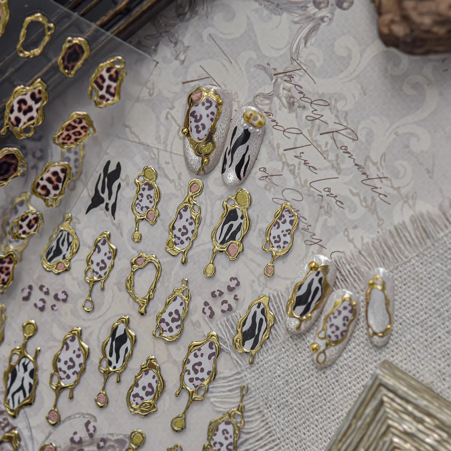 Leopard Print Irregular Gold Frame 5D Nails Art Stickers Animal Skin Texture Self-Adhesive Nails Art Decals Manicure Decorations