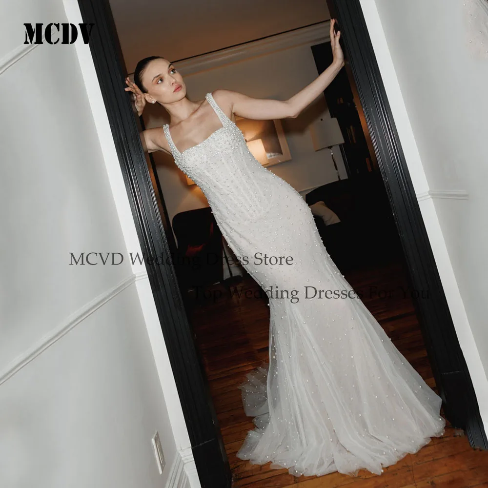 MCDV perles robe de mariée sirène bretelles Spaghetti dos nu luxe robe de mariée mariée balayage Train robe de soirée personnalisée