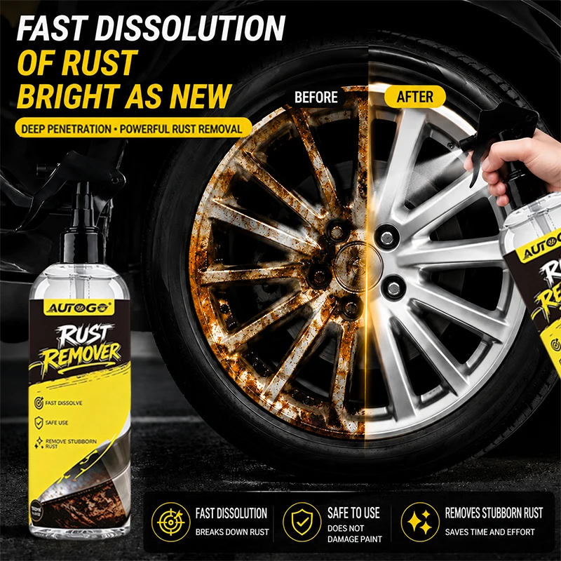 AUTOGO 100ml Rust Remover Spray Fast Dissolve Stubborn Rust Oxidation Stains Safe for Alloy Wheel Hubs Metal Parts Car Rim Clean