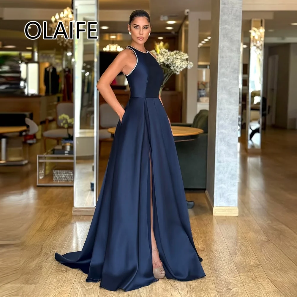 

Customized Fashionable Satin Scoop Evening Dress Backless A Line Prom Dress with V Neck Beaded Court Train Special Occasions