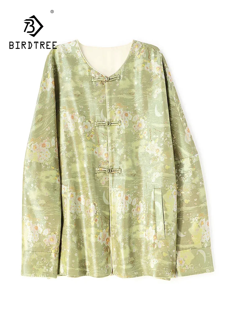 BirdTree-Silk Song Brocade Elegant Coat, O Neck Floral, Women Retro Design Sense Versatile Cardigan, 2026 Autumn New C69731CC